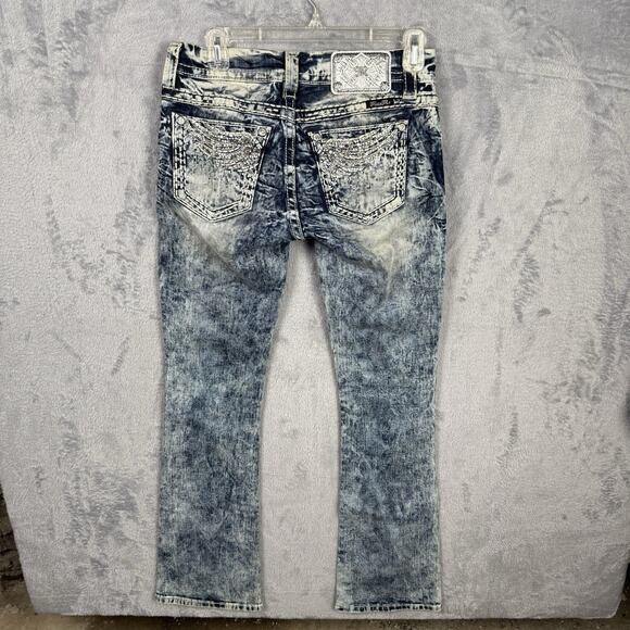 Miss Me Jeans Women’s Blue Angel Wing Bling Pockets 27 Acid Wash Thick Stitch - Picture 5 of 9
